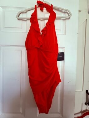 Ellen Tracy Red Ruffled Halter One-Piece